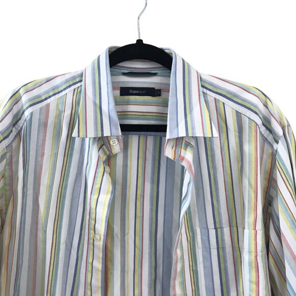 ZegnaSport Mens Multicolor Striped Long Sleeve Cotton Button-Up Shirt M - Picture 4 of 11